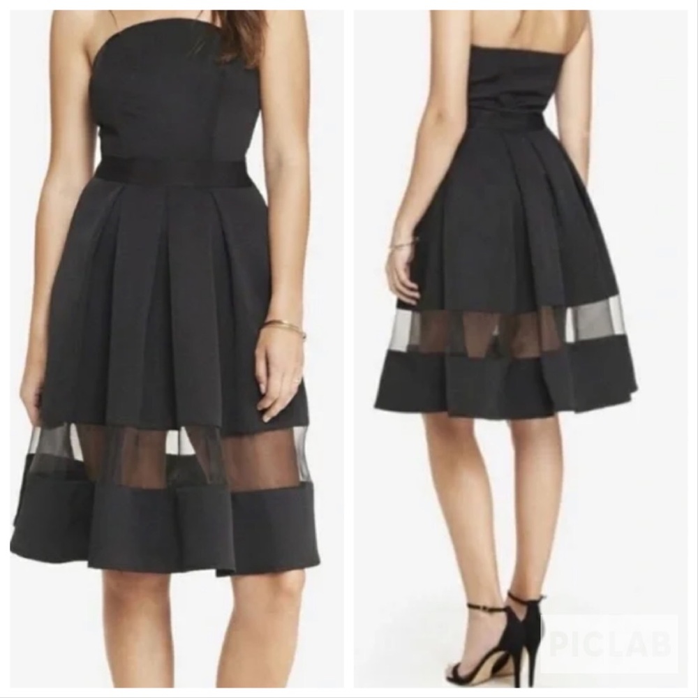 Express Strapless Black Cocktail Party A-line Mesh Hem Knee Length Dress 4